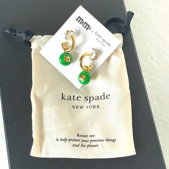 Kate Spade M&M's Green Charm Huggies Cuff Earrings Gold Tone Candy Post Back - Picture 4 of 6